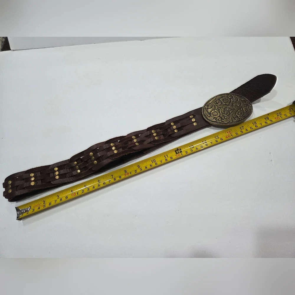 Elegant Brown Braided Belt with Brass Buckle